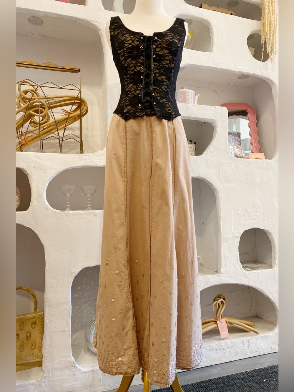 Tan Forest Fairy Boho Cotton A-Line Maxi Panel Skirt Embellished with Sequins
